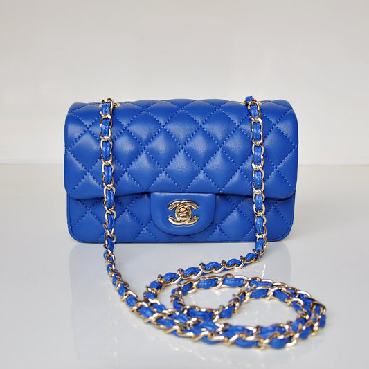 2014 Chanel mini Classic Flap Bag Sheekskin leather 1117 Blue in Gold