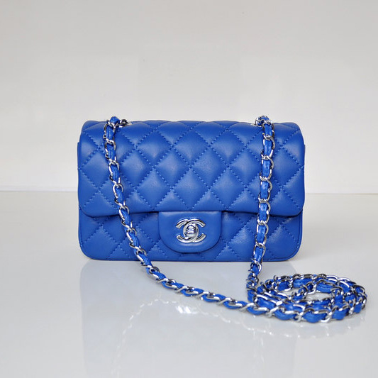 2014 Chanel mini Classic Flap Bag Sheekskin leather 1117 Blue in Silver