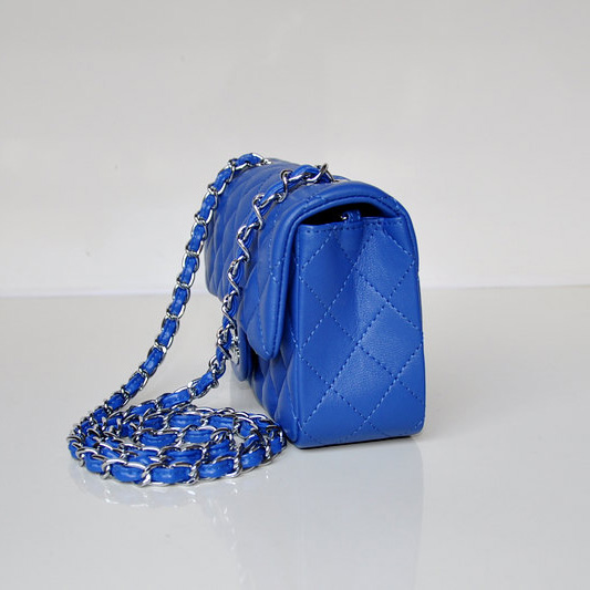 2014 Chanel mini Classic Flap Bag Sheekskin leather 1117 Blue in Silver