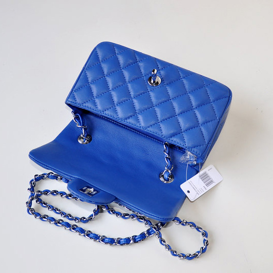 2014 Chanel mini Classic Flap Bag Sheekskin leather 1117 Blue in Silver