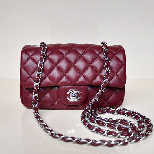 2014 Chanel mini Classic Flap Bag Sheekskin leather 1117 Claret in Silver