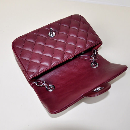 2014 Chanel mini Classic Flap Bag Sheekskin leather 1117 Claret in Silver