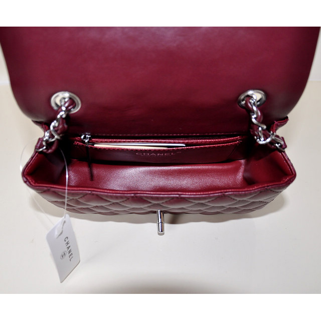 2014 Chanel mini Classic Flap Bag Sheekskin leather 1117 Claret in Silver