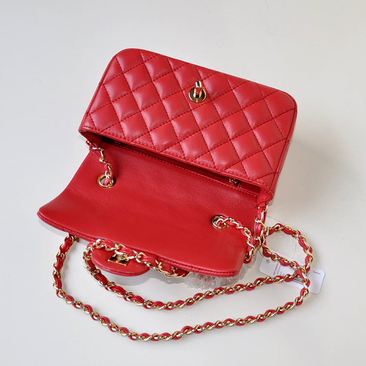 2014 Chanel mini Classic Flap Bag Sheekskin leather 1117 Red in Gold