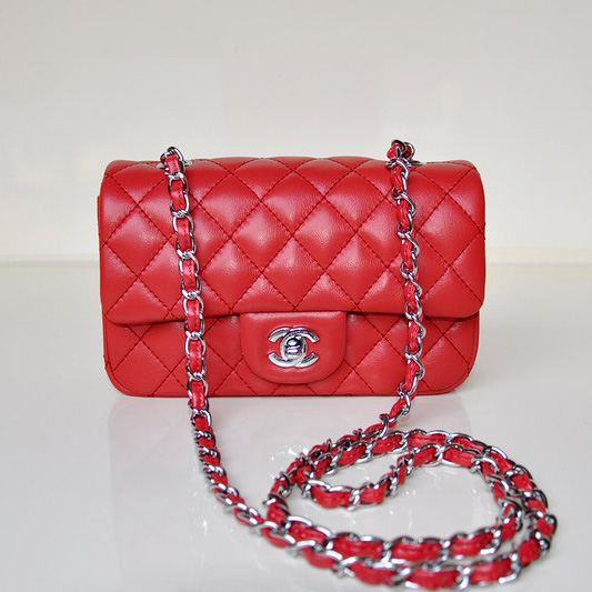 2014 Chanel mini Classic Flap Bag Sheekskin leather 1117 Red in Silver