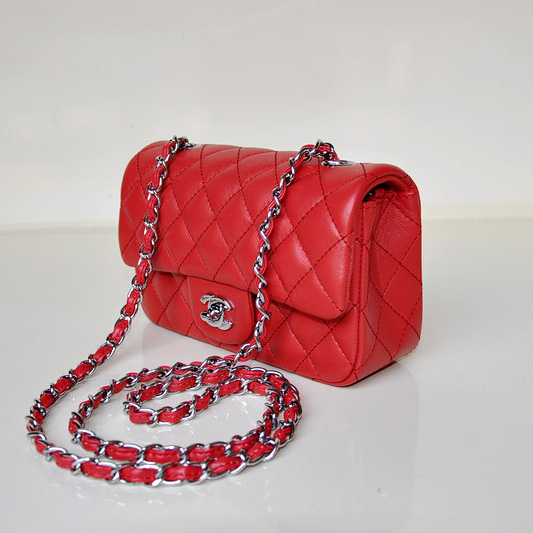 2014 Chanel mini Classic Flap Bag Sheekskin leather 1117 Red in Silver