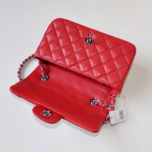 2014 Chanel mini Classic Flap Bag Sheekskin leather 1117 Red in Silver