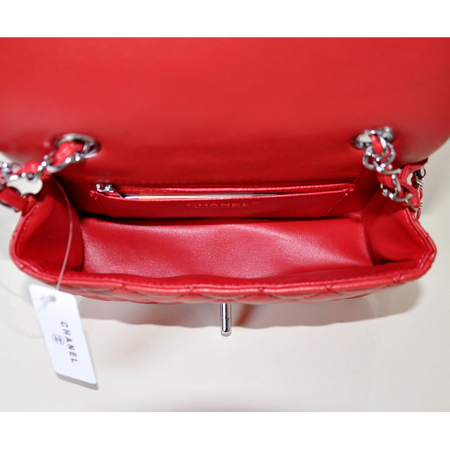 2014 Chanel mini Classic Flap Bag Sheekskin leather 1117 Red in Silver