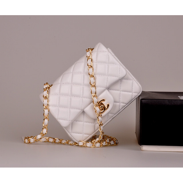 2014 Chanel mini Classic Flap Bag White Original Sheekskin leather A1115 Gold