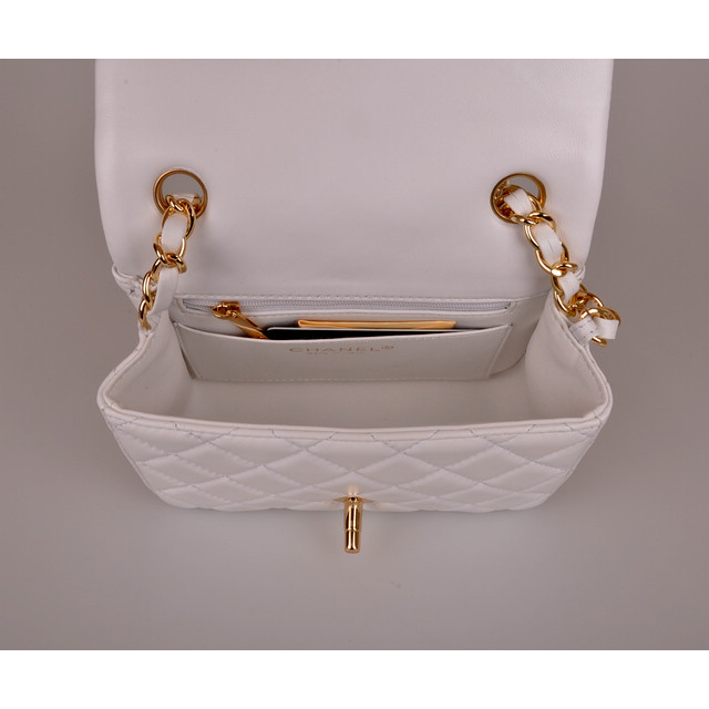 2014 Chanel mini Classic Flap Bag White Original Sheekskin leather A1115 Gold