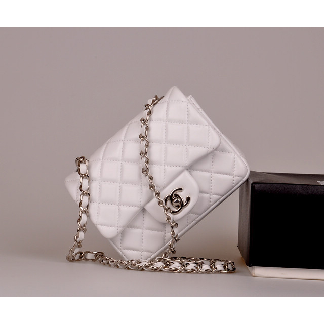 2014 Chanel mini Classic Flap Bag White Original Sheekskin leather A1115 Silver