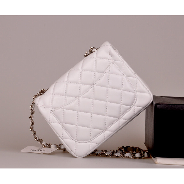 2014 Chanel mini Classic Flap Bag White Original Sheekskin leather A1115 Silver