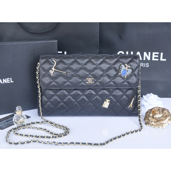 2014 Chanel plaid butterfly flap bag A668389 in Black