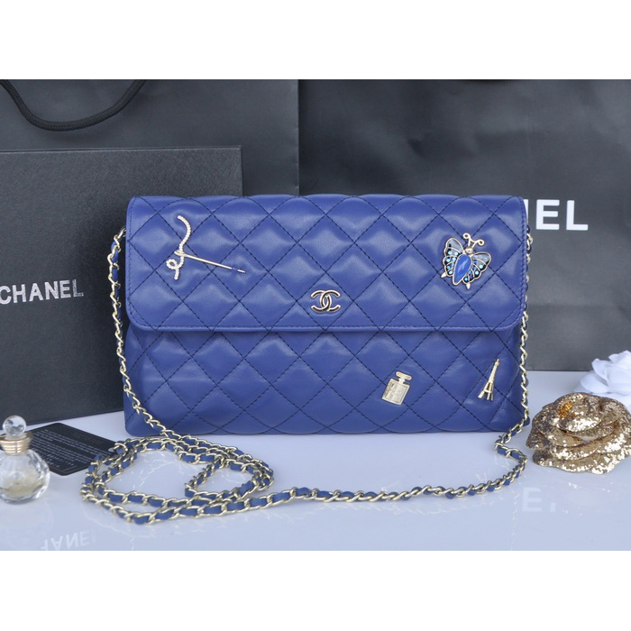 2014 Chanel plaid butterfly flap bag A668389 in Blue