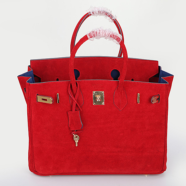 2014 Hermes Birkin 35CM Tote Bag Red Nubuck Leather H35 Gold hardware