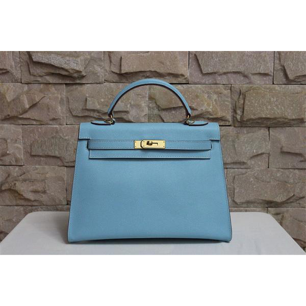 2014 Hermes Kelly 28cm Epsom Leather Bag Light Blue with Gold hardware