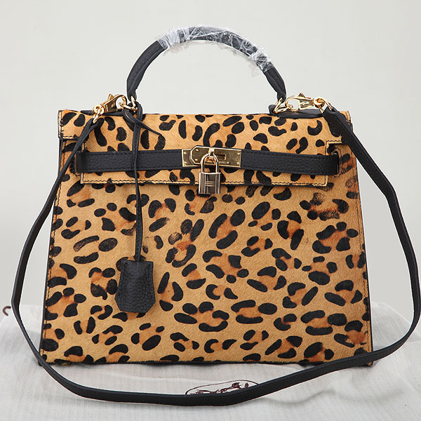 2014 Hermes Kelly 32cm Shoulder Bag Leopard & Leather K32 Gold