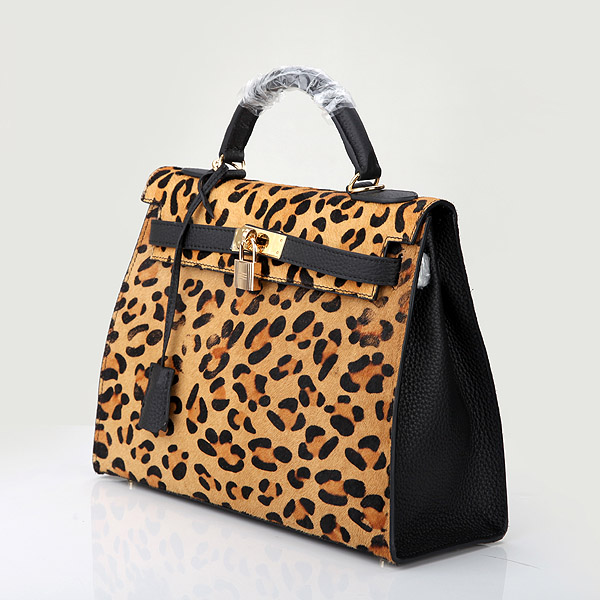 2014 Hermes Kelly 32cm Shoulder Bag Leopard & Leather K32 Gold