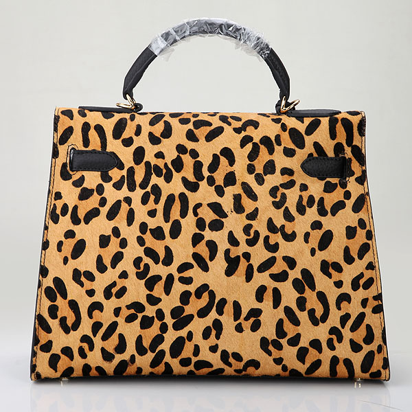 2014 Hermes Kelly 32cm Shoulder Bag Leopard & Leather K32 Gold