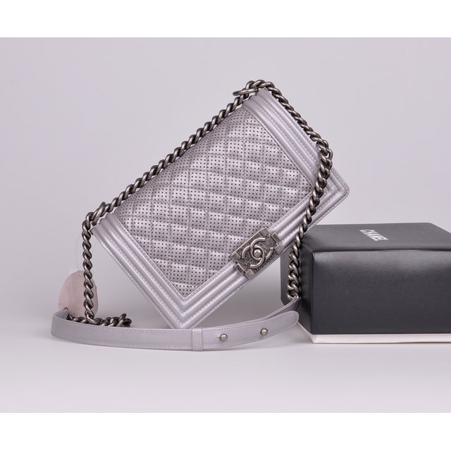 2014 Le Boy Chanel A90164 Silver Flap Shoulder Bag in Original Leather