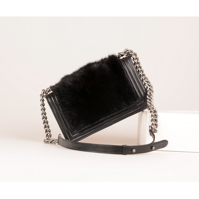 2015 Boy Chanel Embellished Cony Hair Flap Shoulder Bag A67086 Black