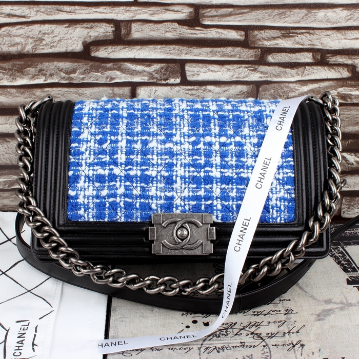 2015 Boy Chanel Fabric Flap Shoulder Bag A67086 Blue