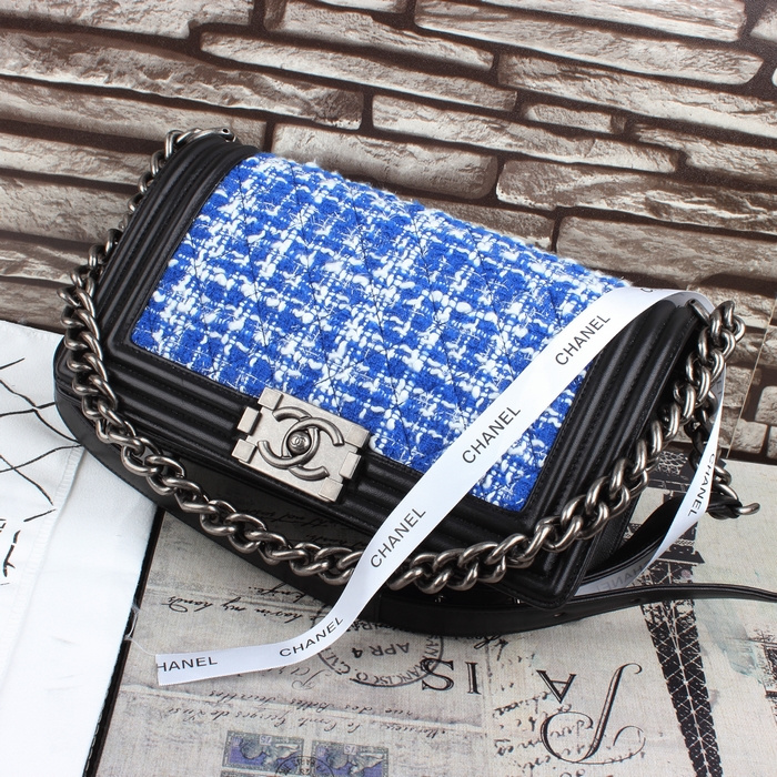 2015 Boy Chanel Fabric Flap Shoulder Bag A67086 Blue