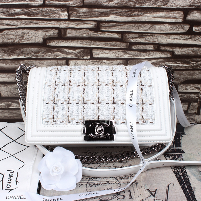 2015 Boy Chanel Fabric Flap Shoulder Bag A67086 White