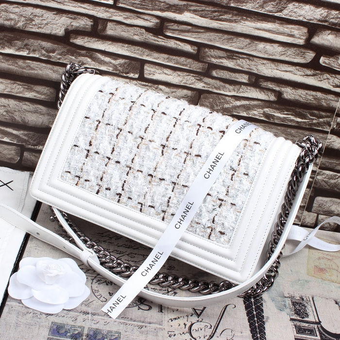 2015 Boy Chanel Fabric Flap Shoulder Bag A67086 White