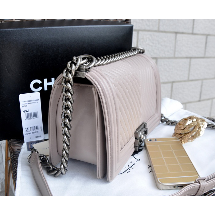 2015 Boy Chanel Flap Shoulder Bag Herringbone Stitching A92493 Apricot