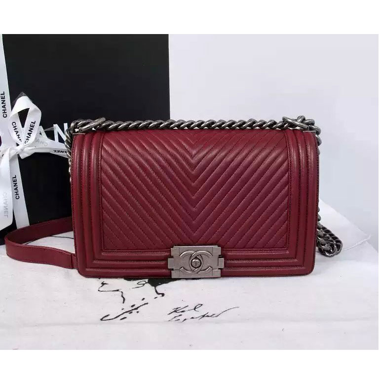 2015 Boy Chanel Flap Shoulder Bag Herringbone Stitching A92493 Claret