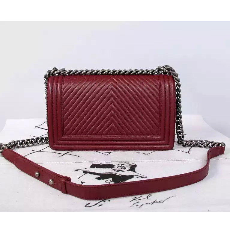 2015 Boy Chanel Flap Shoulder Bag Herringbone Stitching A92493 Claret