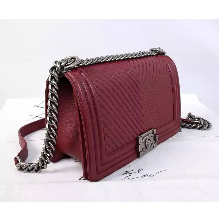 2015 Boy Chanel Flap Shoulder Bag Herringbone Stitching A92493 Claret