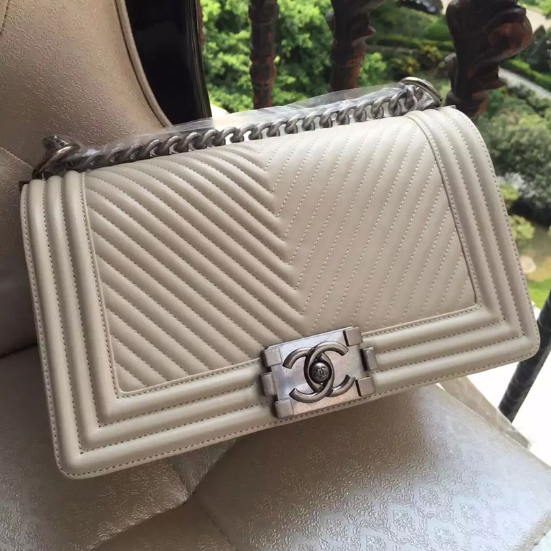 2015 Boy Chanel Flap Shoulder Bag Herringbone Stitching A92493 Offwhite