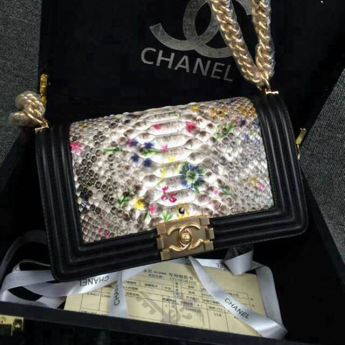 2015 Boy Chanel Flap Shoulder Bag Python Leather A66095 Black