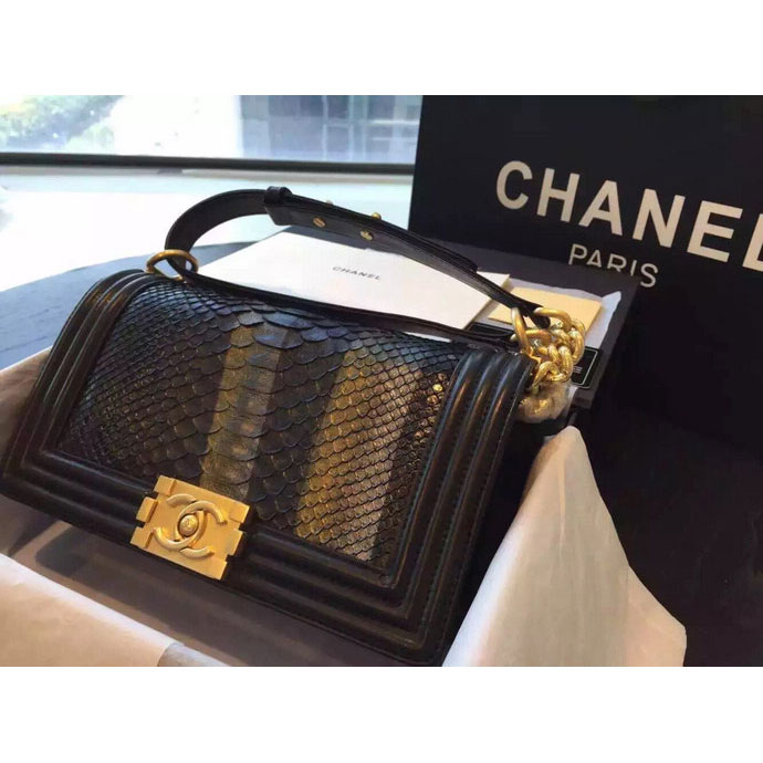 2015 Boy Chanel Flap Shoulder Bag Python Leather A66095 Black