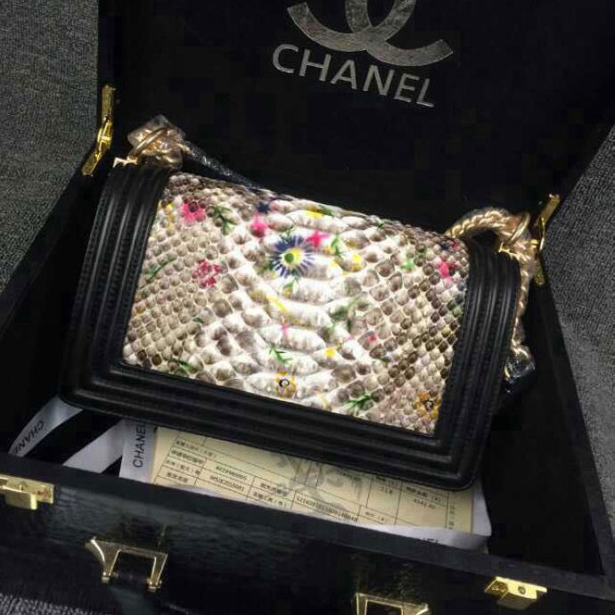 2015 Boy Chanel Flap Shoulder Bag Python Leather A66095 Black