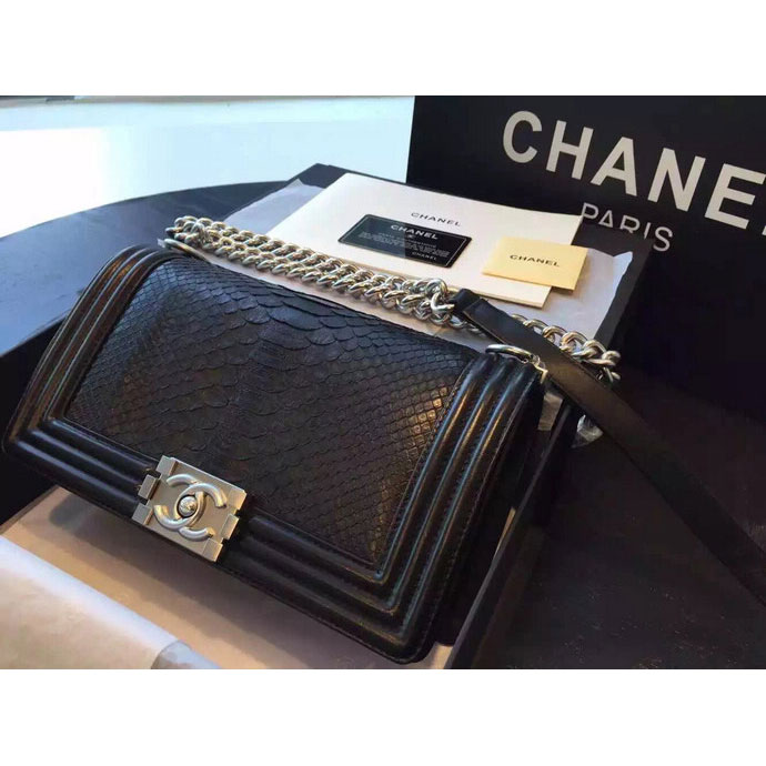 2015 Boy Chanel Flap Shoulder Bag Python Leather A66095 Black with Silver