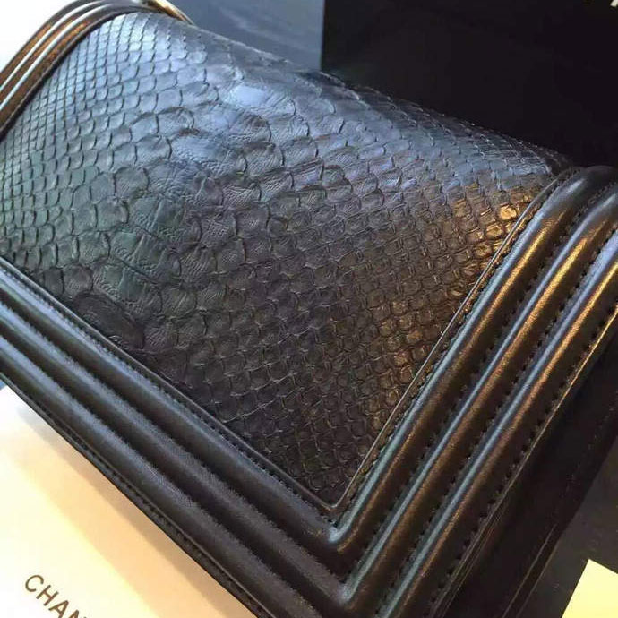 2015 Boy Chanel Flap Shoulder Bag Python Leather A66095 Black with Silver