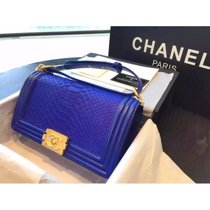 2015 Boy Chanel Flap Shoulder Bag Python Leather A66095 Blue with Gold