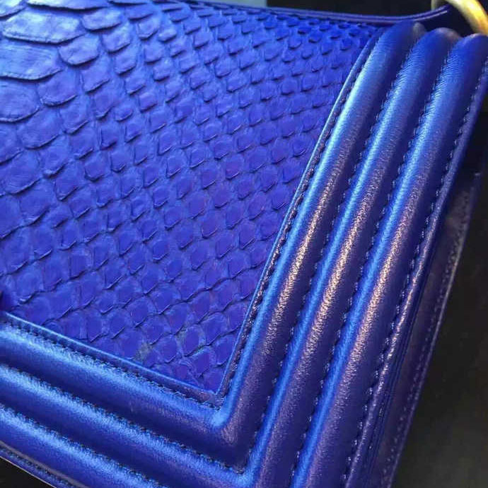 2015 Boy Chanel Flap Shoulder Bag Python Leather A66095 Blue with Gold