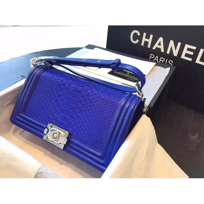 2015 Boy Chanel Flap Shoulder Bag Python Leather A66095 Blue with Silver