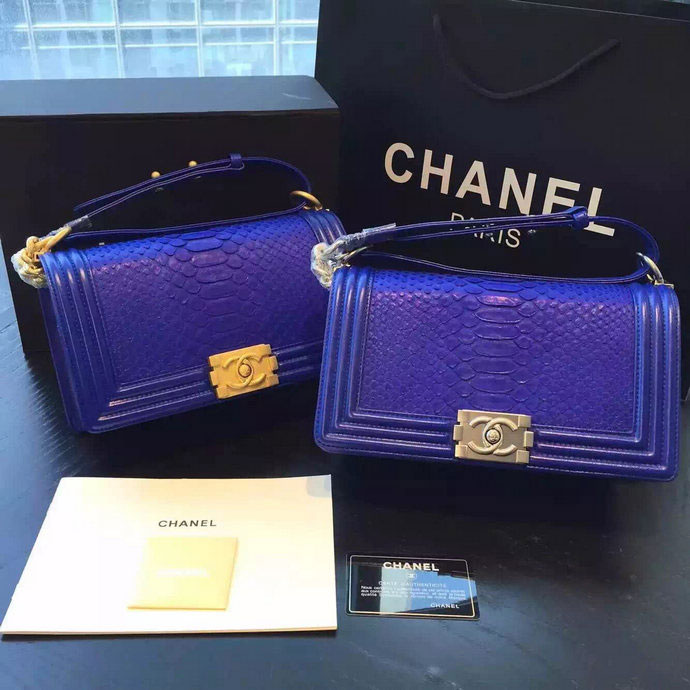 2015 Boy Chanel Flap Shoulder Bag Python Leather A66095 Blue with Silver