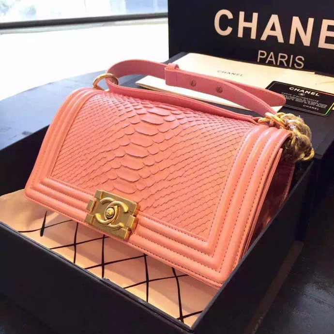 2015 Boy Chanel Flap Shoulder Bag Python Leather A66095 Pink with Gold