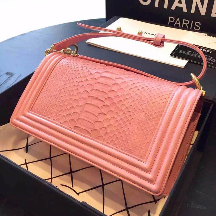 2015 Boy Chanel Flap Shoulder Bag Python Leather A66095 Pink with Gold