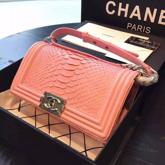 2015 Boy Chanel Flap Shoulder Bag Python Leather A66095 Pink with Silver