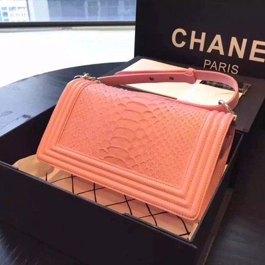 2015 Boy Chanel Flap Shoulder Bag Python Leather A66095 Pink with Silver