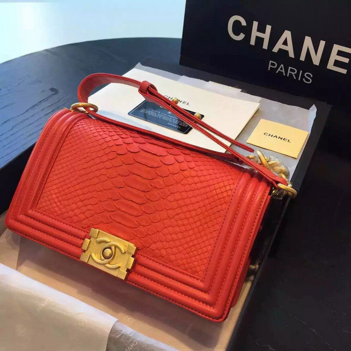 2015 Boy Chanel Flap Shoulder Bag Python Leather A66095 Red with Gold