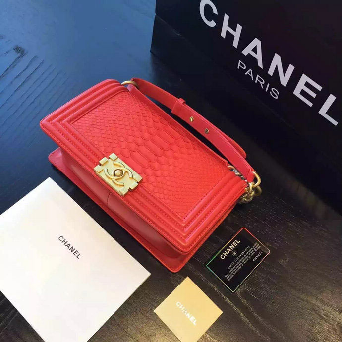 2015 Boy Chanel Flap Shoulder Bag Python Leather A66095 Red with Gold