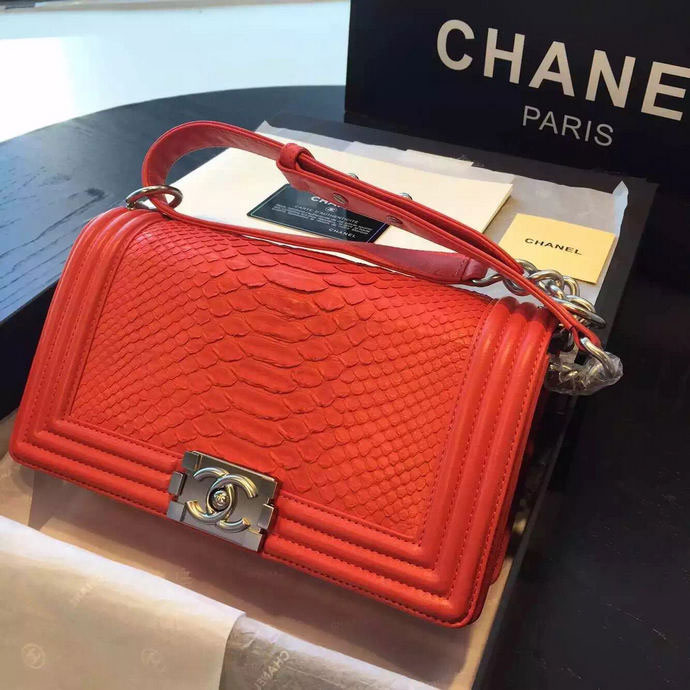 2015 Boy Chanel Flap Shoulder Bag Python Leather A66095 Red with Silver